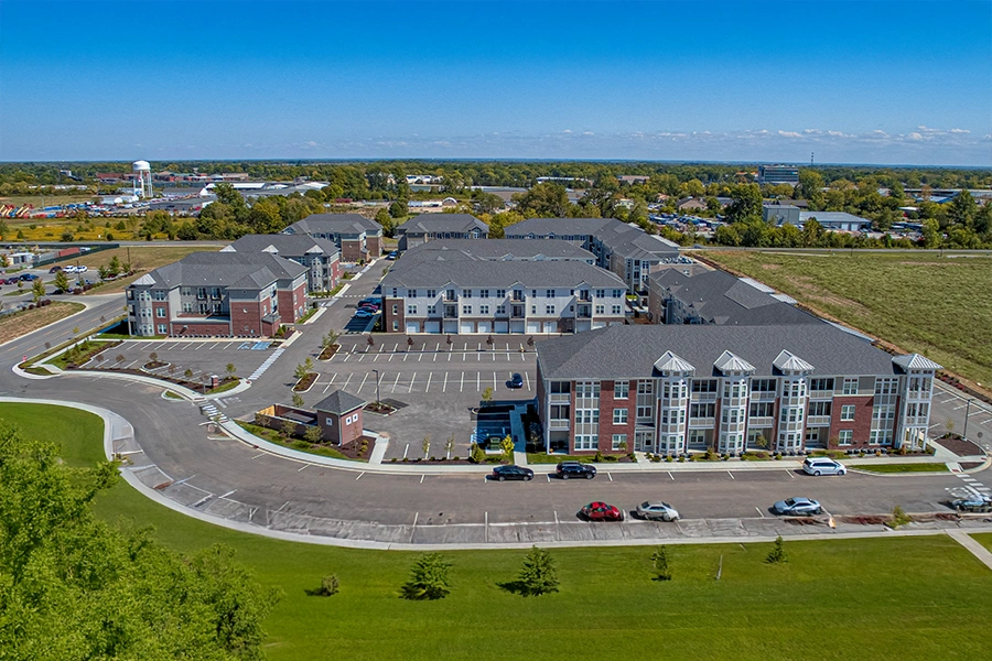 If a newly built apartment community like Wheelhouse Apartments is in a developing area, you'll have some exciting new businesses to explore nearby. Aerial view of Wheelhouse Apartments and surrounding area